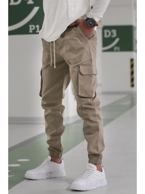Madmext Erkek Bej Jogger Pantolon Kargo Cep Dar Kesim %98 Pamuk Model 5447
