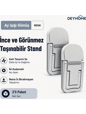 Deyhome 2'li Katlanabilir Laptop Standı 7 mm – 3M Yapışkanlı Ultra İnce Notebook Yükseltici, Isı Dağıtıcı (Gümüş)
