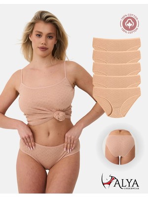 Alya Underwear %100 Pamuklu Kadın Külot Normal Bel Yükseklikli Jakarlı Kalp Desenli Kumaş Slip