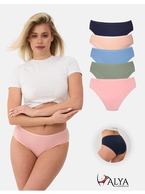 ALYA UNDERWEAR Kadın Pamuklu Renkli Bato / Hipster Slip Külot- Lacivert, Yeşil, Pembe, Pudra, Mavi -5'li Paket