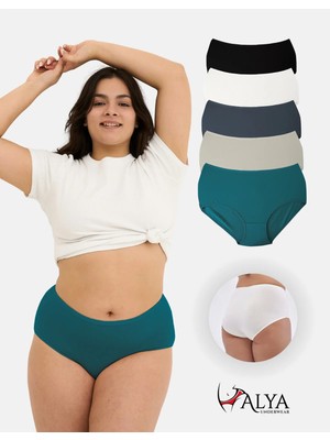 Alya Underwear Kadın Büyük Beden Yüksek Bel Külot Full Brief, 5'li Paket 5 Farklı Renk 1 Pakette