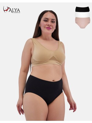 Alya Underwear Kadın Büyük Beden Yüksek Bel Külot Full Brief, 3'lü Paket Siyah Beyaz Ten
