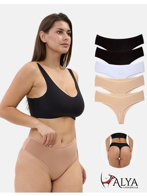 Alya Underwear Kadın Yüksek Bel, Toparlayıcı, Tanga Külotlar - 2 Siyah, 1 Beyaz, 2 Ten - 5'li Paket Adet
