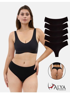 Alya Underwear Kadın Yüksek Bel, Toparlayıcı, Tanga Külotlar - 5 Adet Siyah - 5'li Paket