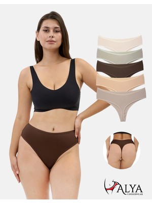 Alya Underwear Yüksek Bel, Toparlayıcı, Tanga Külotlar -  5'li Paket - Kahve, Taş, Pudra, Bej, Açık Kahve