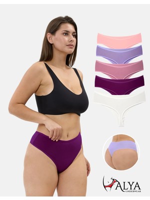 Alya Underwear Yüksek Bel, Toparlayıcı, Tanga Külotlar -  5'li Paket Fuşya, Somon, Ekru, Lila, Gül Kurusu