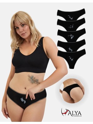 Alya Underwear Kadın Pamuklu Bato Tanga Külot, Büyük Beden - Kedi Baskılı, 5 Adet Siyah  (2xl, 3xl, 4xl)