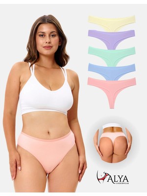 Alya Underwear Kadın Bato Tanga Pamuklu Külot, Büyük Beden, 5' Li Paket -Sarı, Mor Mint, Somon Mavi