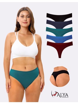 Alya Underwear Kadın Bato Tanga Pamuklu Külot, Büyük Beden, 5' Li Paket Siyah, Bordo, Koyu Yeşil, Indigo, Laci.