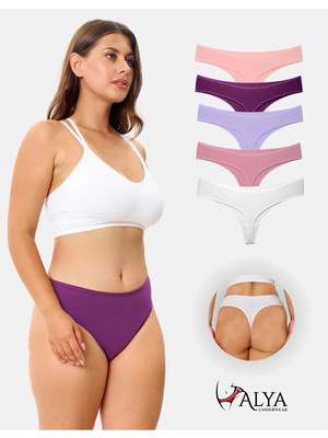 Alya Underwear Kadın Büyük Beden Tanga Pamuklu Külot - Battal Tanga Iç Çamaşırı Renkli 5'li Paket, L