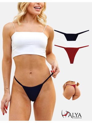 Alya Underwear Kadın Ipli Tanga Külotlar - 3’lü Paket (1 Ad Ekru, 1 Ad Kırmızı, 1 Ad Lacivert) 1301T