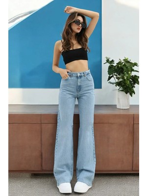Arvib Kadın Açık Mavi Kar Yıkama Süper Yüksek Bel Likralı Rahat 90's Salaş Paça Jeans