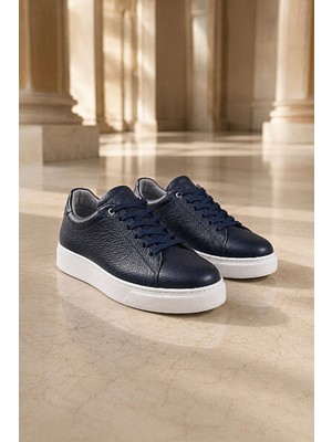 Erkek Lacivert  Deri Esnek Taban Bağcıklı Casual Ayakkabı Sneaker