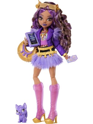 Mor Motosiklet Ceketi ve Tüylü Etek Giyen Clawdeen Wolf Bebek, Kurt Crescent ve Kitap, Kruvasan ve Çanta Gibi 7 Aksesuar, JHK30