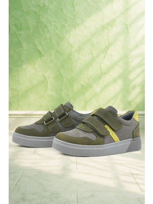 Rakerplus Hakiki Deri Haki Gri Cırtlı Erkek Çocuk Sneaker