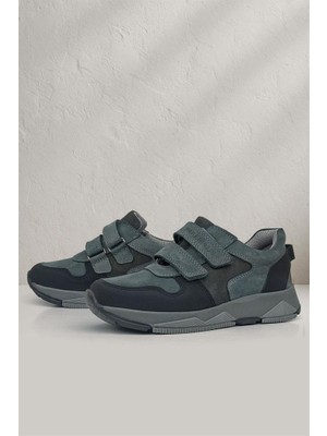 Rakerplus Hakiki Deri Koyu Gri Siyah Çocuk Cırtlı Sneakers Spor Ayakkabı