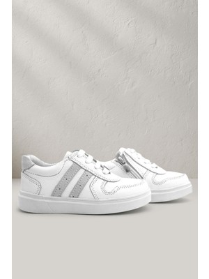 Rakerplus Hakiki Deri Beyaz Bağcıklı Fermuarlı Çocuk Sneaker Ayakkabı