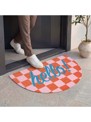 Cool Halı Passy Hello Yazılı Kapı Önü Paspası Dekoratif Dama Desenli Turuncu Yarım Ay Giriş Paspası