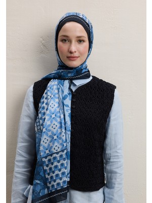 Fresh Scarfs Wild Botanical Desen İpek Krep Şal Lacivert