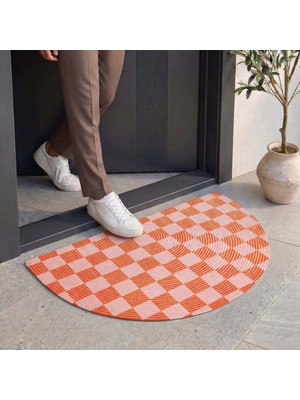 Cool Halı Passy Turuncu Kareli Ekose Desenli Kapı Önü Paspası Outdoor Dekoratif Yarım Ay Giriş Paspası