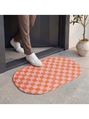 Cool Halı Passy Oval Turuncu Pembe Retro Kareli Kapı Önü Paspası Dekoratif Giriş Balkon Teras Paspası
