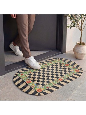 Cool Halı Passy Dekoratif Kapı Önü Paspası Çiçekli Dama Desenli Jüt Görünümlü Farmhouse Giriş Paspası