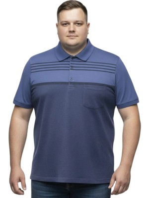 Battal Moda Battalmoda Erkek Büyük Beden Melanj Lacivert Polo Yaka Kısa Kollu Çizgili Tişört 3xl-4xl-5xl-6xl