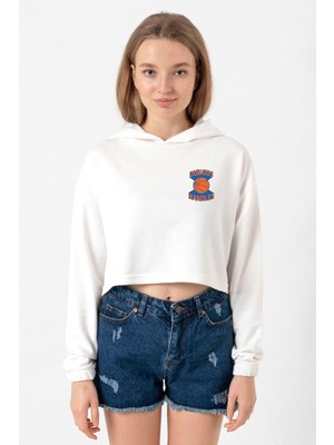Tshirthane Dubious Handles Logo Ekru Kadın Crop Kapşonlu