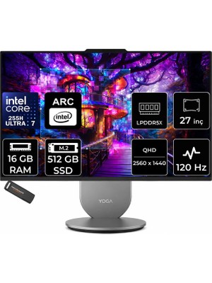 Lenovo Yoga Core Ultra 7 255H 16GB Ram 512GB SSD 27" Qhd 400NITS 120Hz Freedos F0J20047TRP302 All In One Bilgisayar + Per4 USB