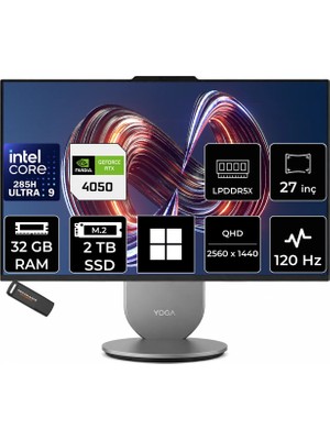 Lenovo Yoga Core Ultra 9 285H Rtx 4050 6gb 32GB Ram 2tb SSD 27" Qhd 400NITS 120Hz WIN11 Pro F0J20048TRP314 All In One Bilgisayar + Per4 USB