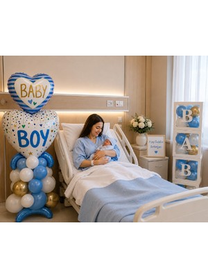 Bkmc Baby Boy Hastane Odası Süsleme Seti | Erkek Bebek Hastane Karşılama Dekorasyon Seti | 4'lü Baby Kutu  + Balon Zinciri  ve Balon Bandı + Folyo Balon | Premium Tam Set