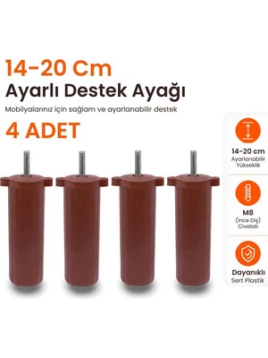 Badem10 Kahverengi 14 Cm Ayarlanabilir Mobilya Destek Ayağı 4 Adet Sert Plastik M8 Civatalı