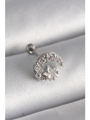 Mercora Tech 316L Çelik Gümüş Renk Zirkon Taşlı Ay Yıldız Tragus Piercing