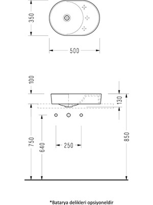 Serel Sapphire Opsiyonel Batarya Delikli Tezgah Üstü Lavabo 35X50 cm Beyaz - SP40SXS110H