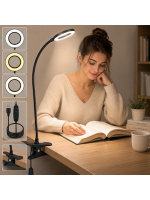 Elivora Store Klipsli LED Kitap Okuma Lambası USB Girişli Aydınlatma Esnek Kollu Metal Ders Çalışma Makyaj Tiktok Youtube Canlı Yayın Içerik Üretim Işığı Göz Yormaz Modern 3 Renk Modlu Sarı Beyaz Gün Işığı