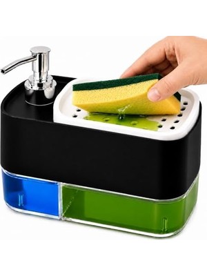 Elivora Store Sünger Hazneli Basmalı Ikisi Bir Arada Otomatik Tezgah Üstü El ve Bulaşık Yıkama Düzenleyici Organizer Banyo Mutfak Için Duo Sıvı Sabunluk (Siyah)