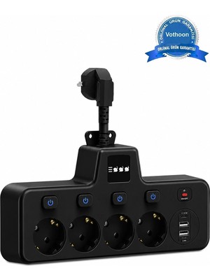 Eco Port Termal Akım Korumalı 4’lü Duvar Tipi Priz 2x USB 2x Type-C Çıkışlı Grup Priz Çoğaltıcı Siyah (2500W)
