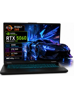 Gigabyte Gaming A16-2 RYZEN7-260 RTX5060-8GB-75W 32GB DDR5 2TB M.2 16" 165Hz FHD+ Oyuncu Bilgisayarı