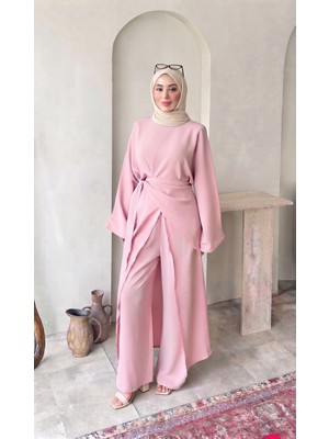 Trendparis Luna Keten Görünümlü Belden Bağlamalı 3lü Takım Pembe