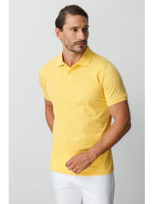 İGS Sarı Modern Fit Dar Kalıp Polo Yaka Düz Kısa Kollu Pamuklu Tişört