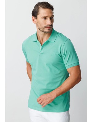 İGS Nil Yeşili Modern Fit Dar Kalıp Polo Yaka Düz Kısa Kollu Pamuklu Tişört