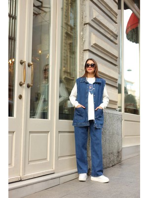 Spor Tarzı Yansıtan Sweat, Pantolon ve Denim Yelek Takım