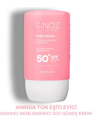 Sinoz Pink Touch Anında Ton Eşitleyici Leke Karşıtı SPF50+ Pembe Sıvı Yüz Güneş Kremi PA++++ 50ml