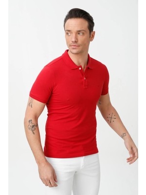 İGS Kırmızı Modern Fit Dar Kalıp Polo Yaka Düz Kısa Kollu Pamuklu Tişört
