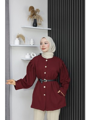Beli Lastik Detaylı Kemerli Düğmeli Ceket