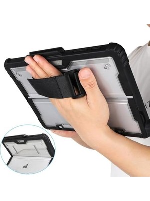 Elivora Store Surface Pro 9/10/11 13 Inç Surface Pro Copilot+ Pc Rugged Kılıf – 360° Stand, El Kayışı, Omuz Askısı, Darbe Emici Koruma Şeffaf Arka Darbe Emici Standlı Stylus Kalem Tutucu Koruyucu Siyah