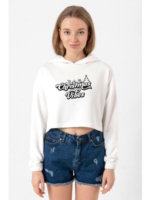 Tshirthane Christmas Vibes Ekru Kadın Crop Kapşonlu
