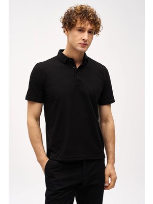 İGS Erkek Siyah Slim Fit Dar Kalıp Polo Yaka Desenli Kısa Kollu Tişört