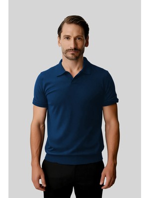 İGS Erkek Saks Slim Fit Dar Kalıp Polo Yaka Düz Kısa Kollu Triko Tişört