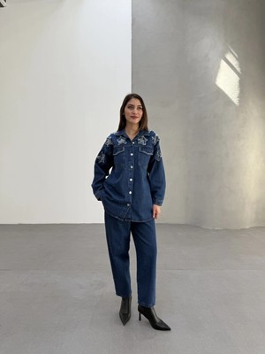 Taş Detaylı Denim Gömlek ve Pantolon Ikili Takım